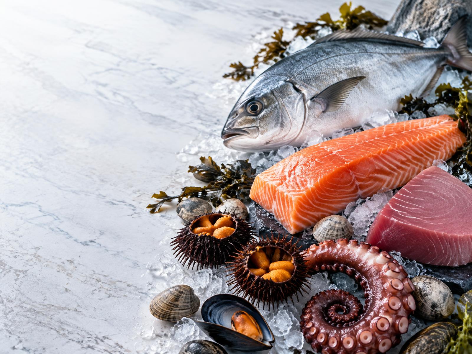 Selección de pescados y mariscos frescos sobre hielo